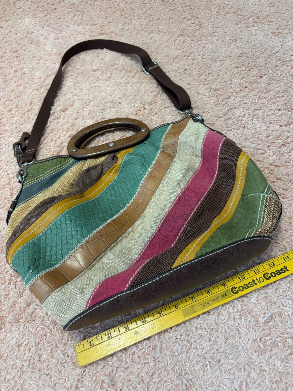 Fossil Kristy II patchwork hobo bag leather, suede, canvas wood handle crossbod - Picture 7 of 17